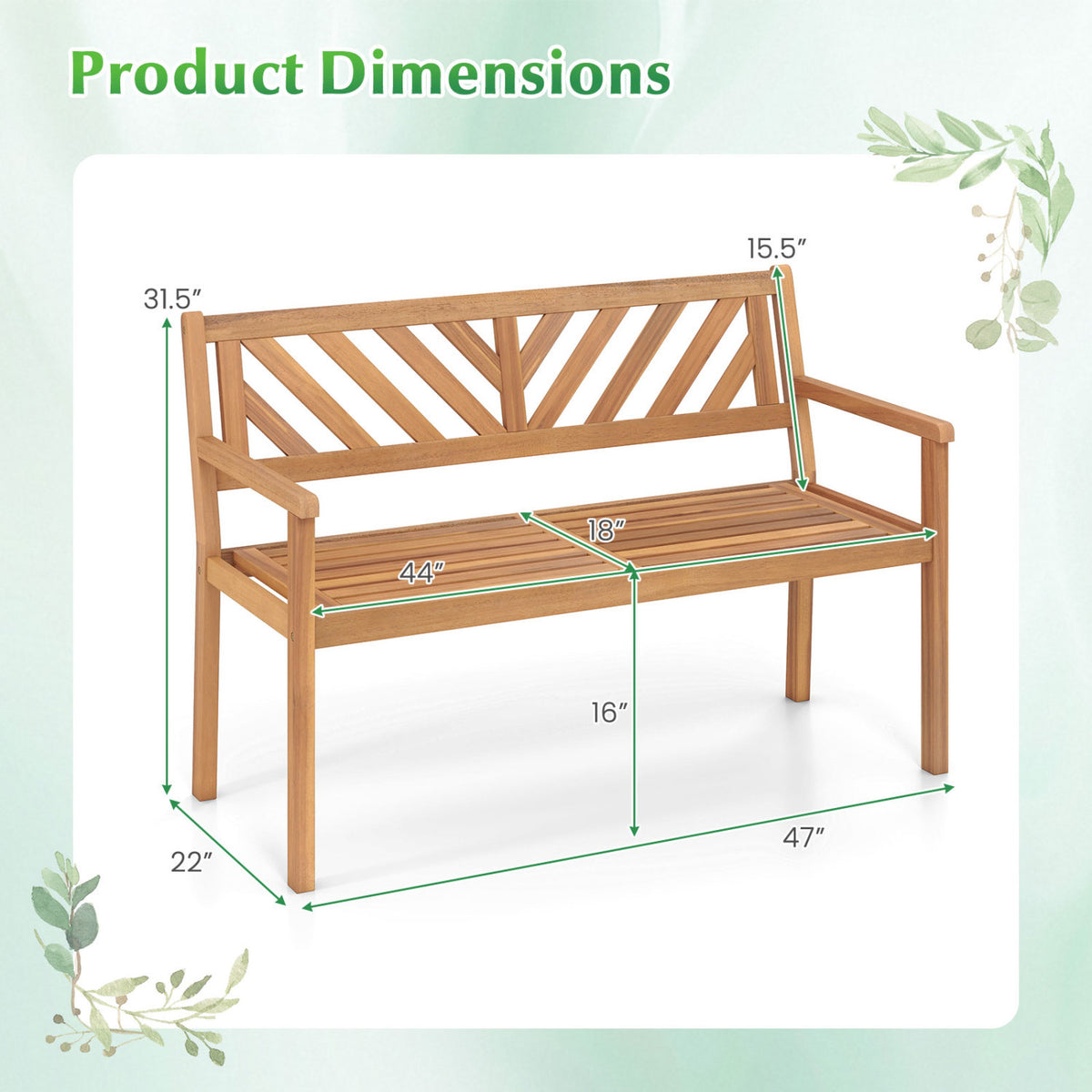 2-Person Patio Acacia Wood Garden Chair with Armrests and Backrest