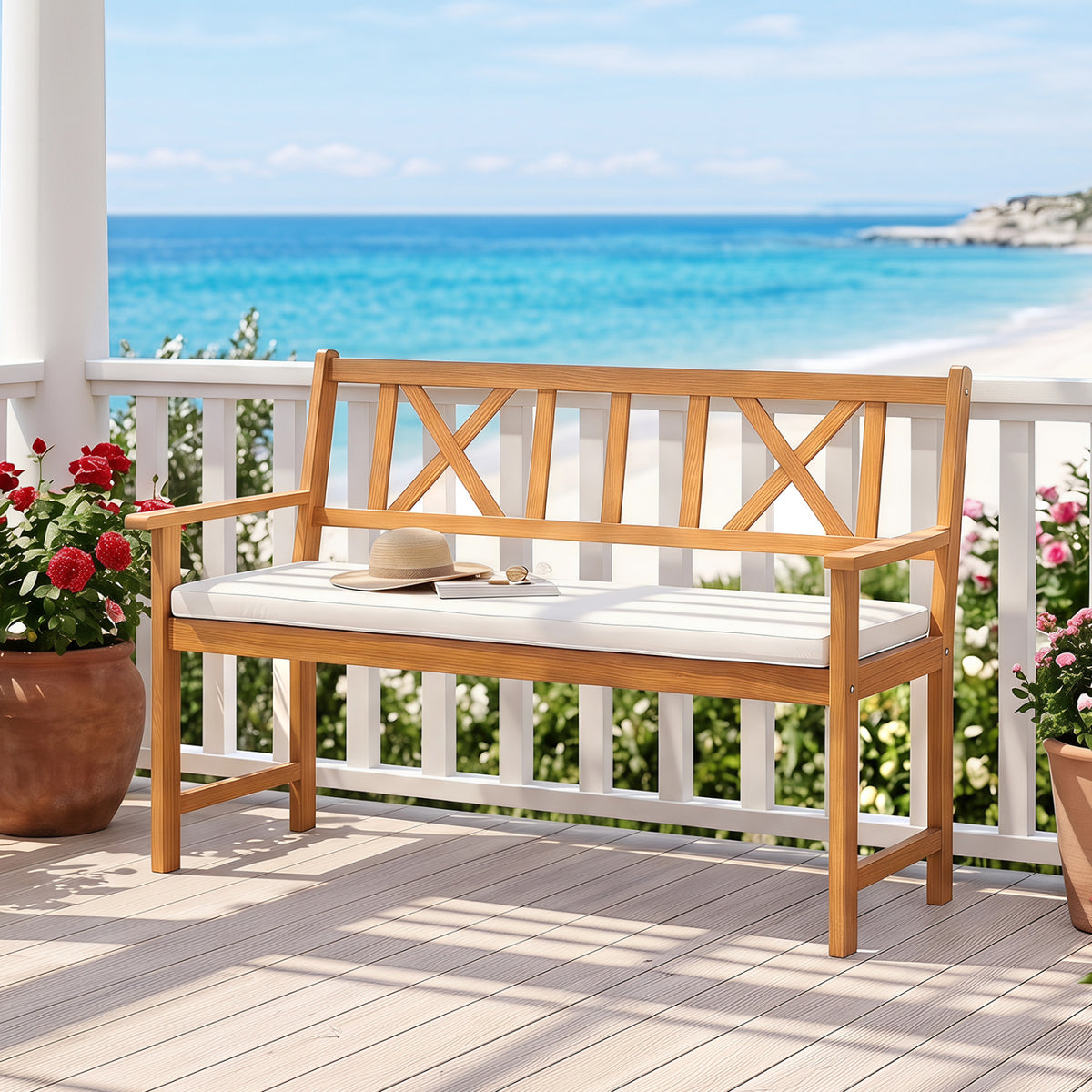 2-Person Patio Acacia Wood Garden Chair with Removable Seat Cushion