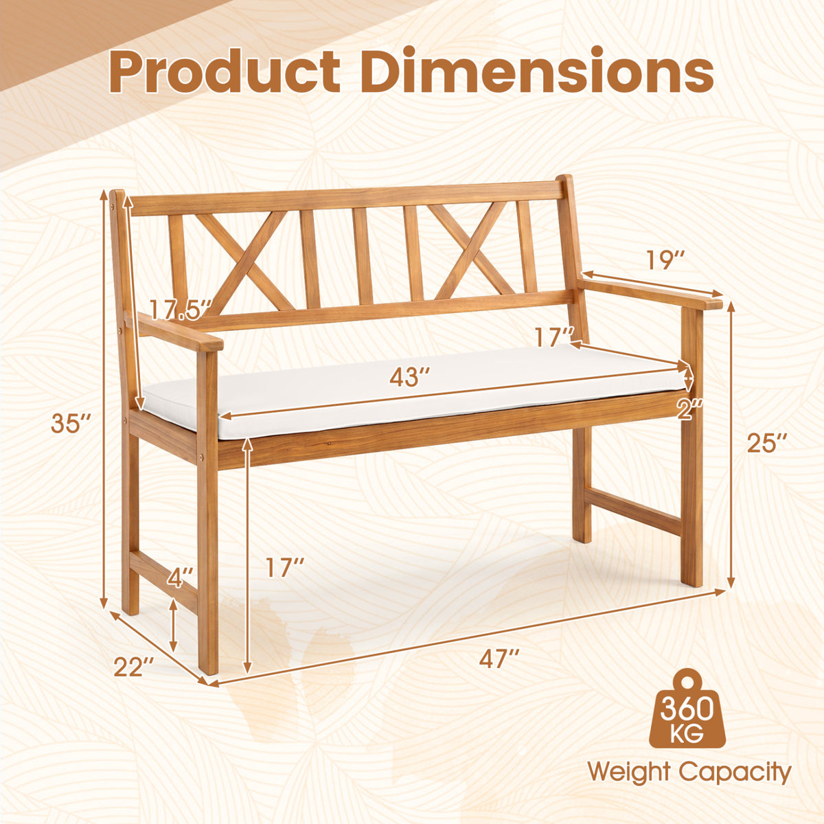 2-Person Patio Acacia Wood Garden Chair with Removable Seat Cushion