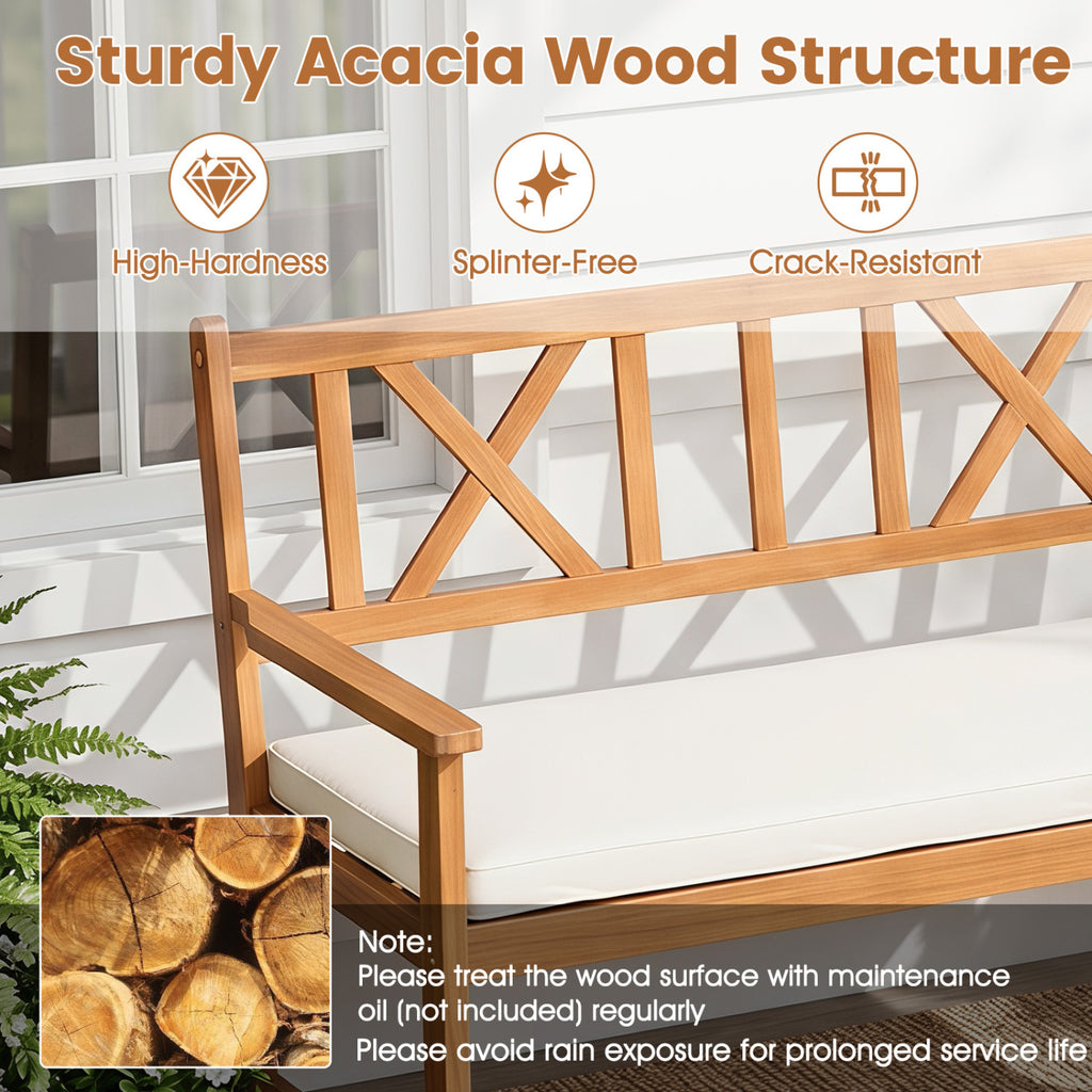 2-Person Patio Acacia Wood Garden Chair with Removable Seat Cushion