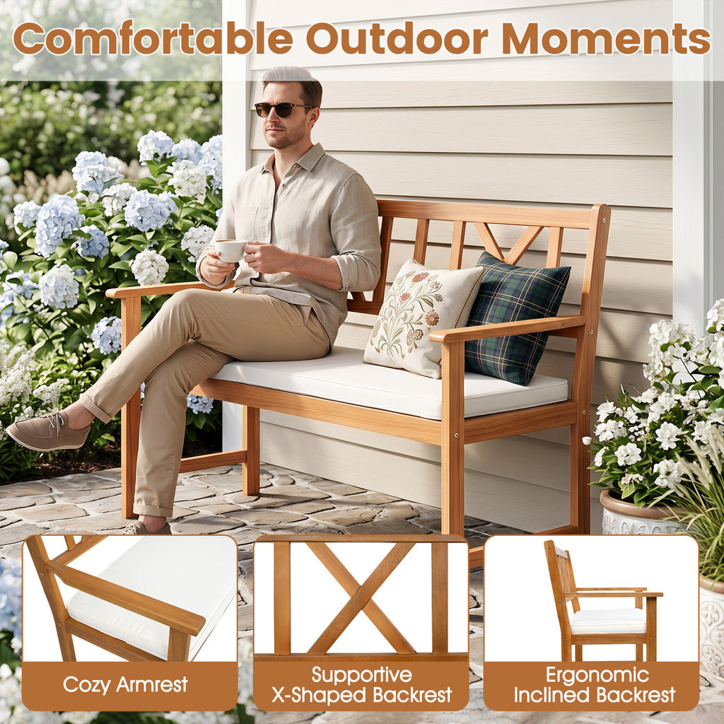 2-Person Patio Acacia Wood Garden Chair with Removable Seat Cushion