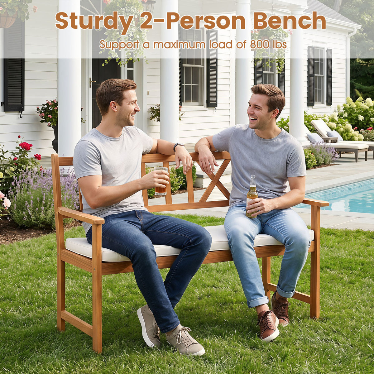 2-Person Patio Acacia Wood Garden Chair with Removable Seat Cushion