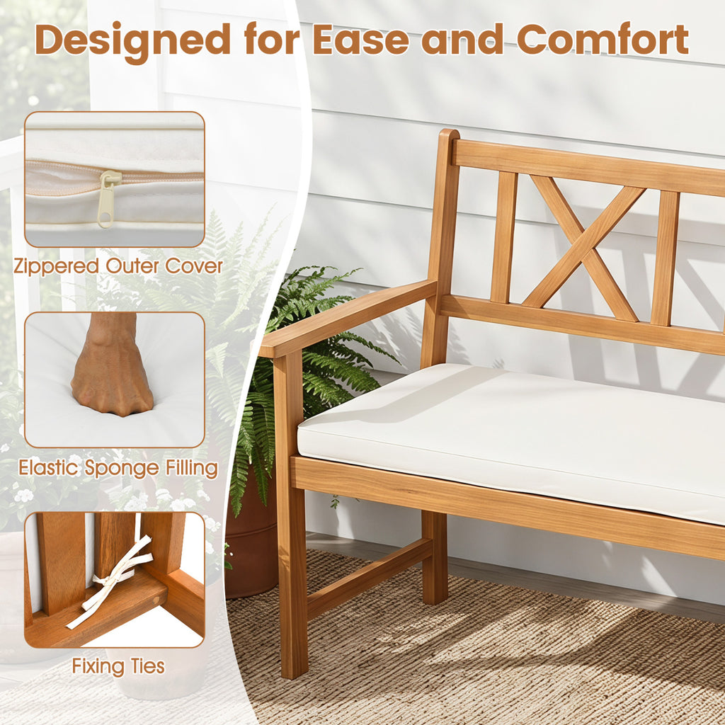 2-Person Patio Acacia Wood Garden Chair with Removable Seat Cushion