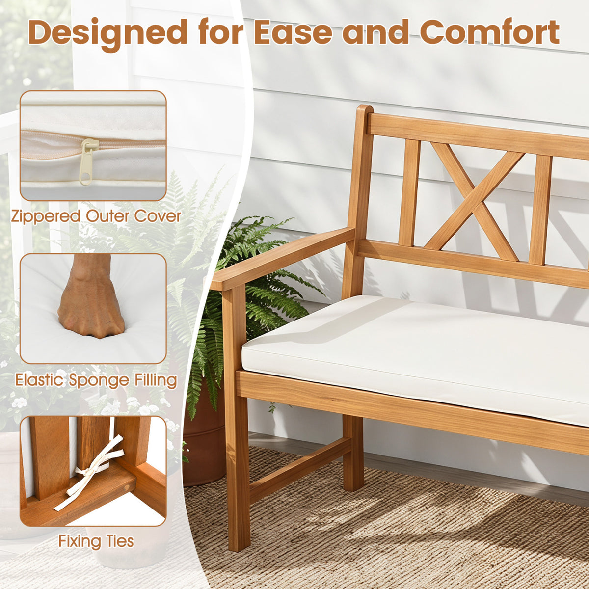2-Person Patio Acacia Wood Garden Chair with Removable Seat Cushion