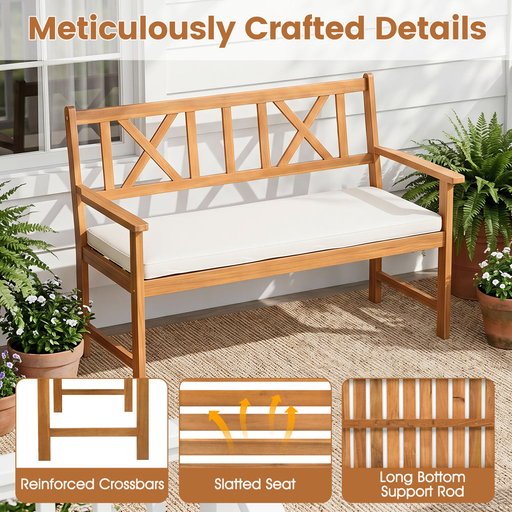 2-Person Patio Acacia Wood Garden Chair with Removable Seat Cushion