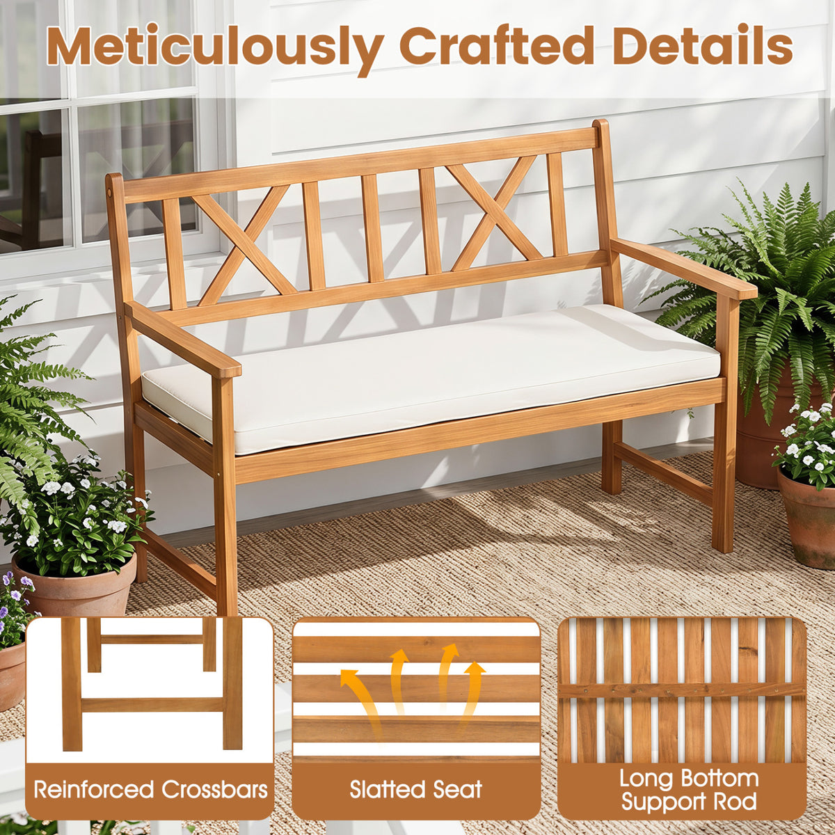 2-Person Patio Acacia Wood Garden Chair with Removable Seat Cushion