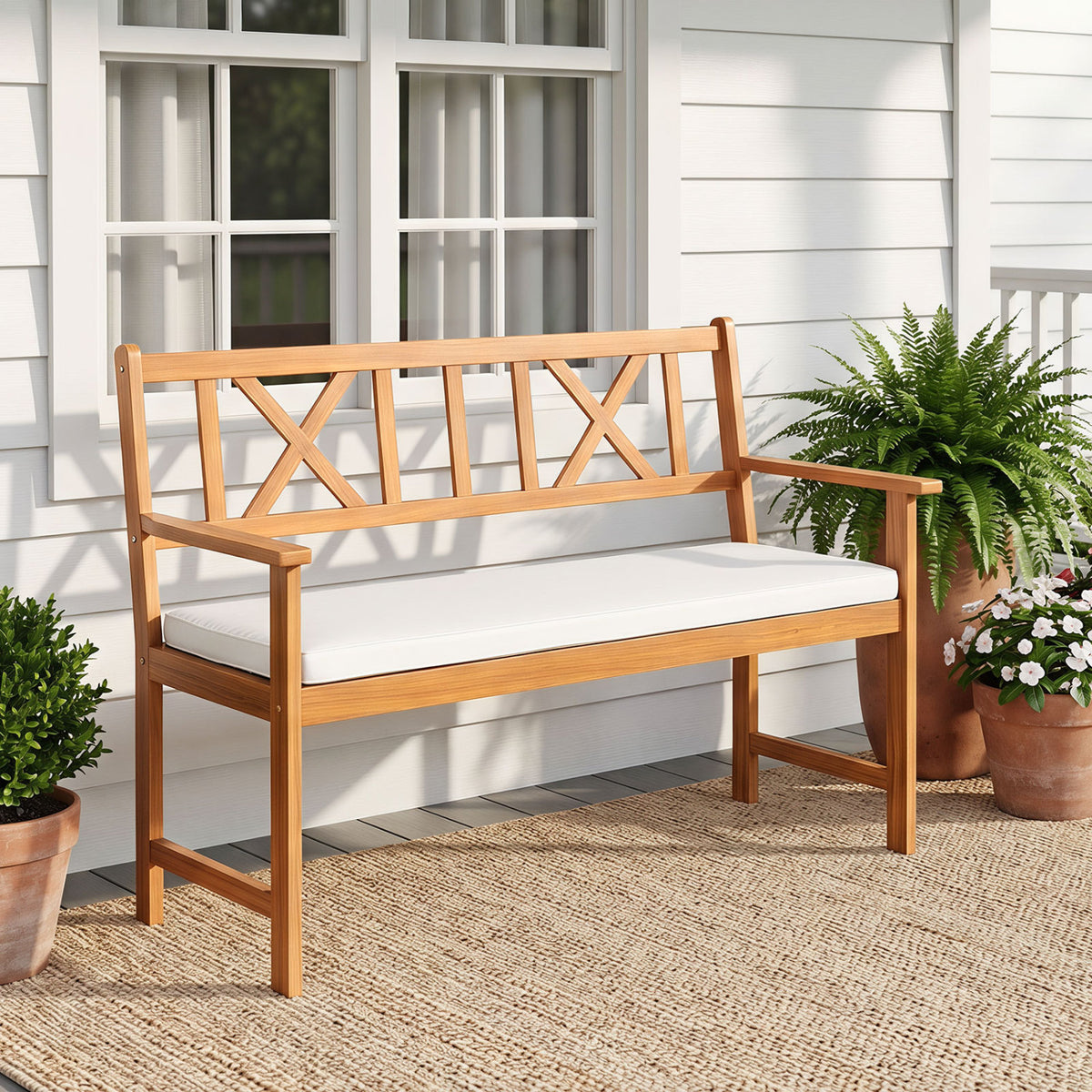 2-Person Patio Acacia Wood Garden Chair with Removable Seat Cushion