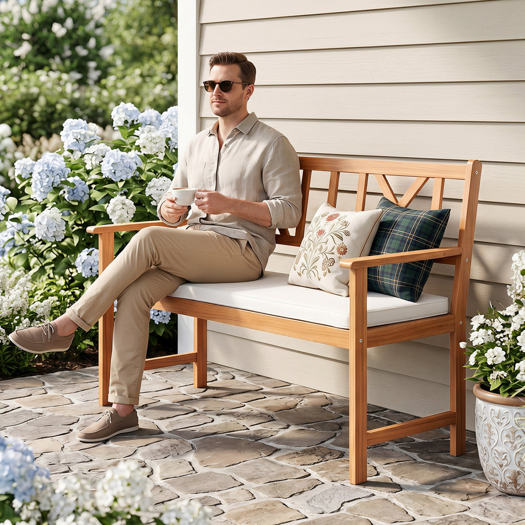 2-Person Patio Acacia Wood Garden Chair with Removable Seat Cushion