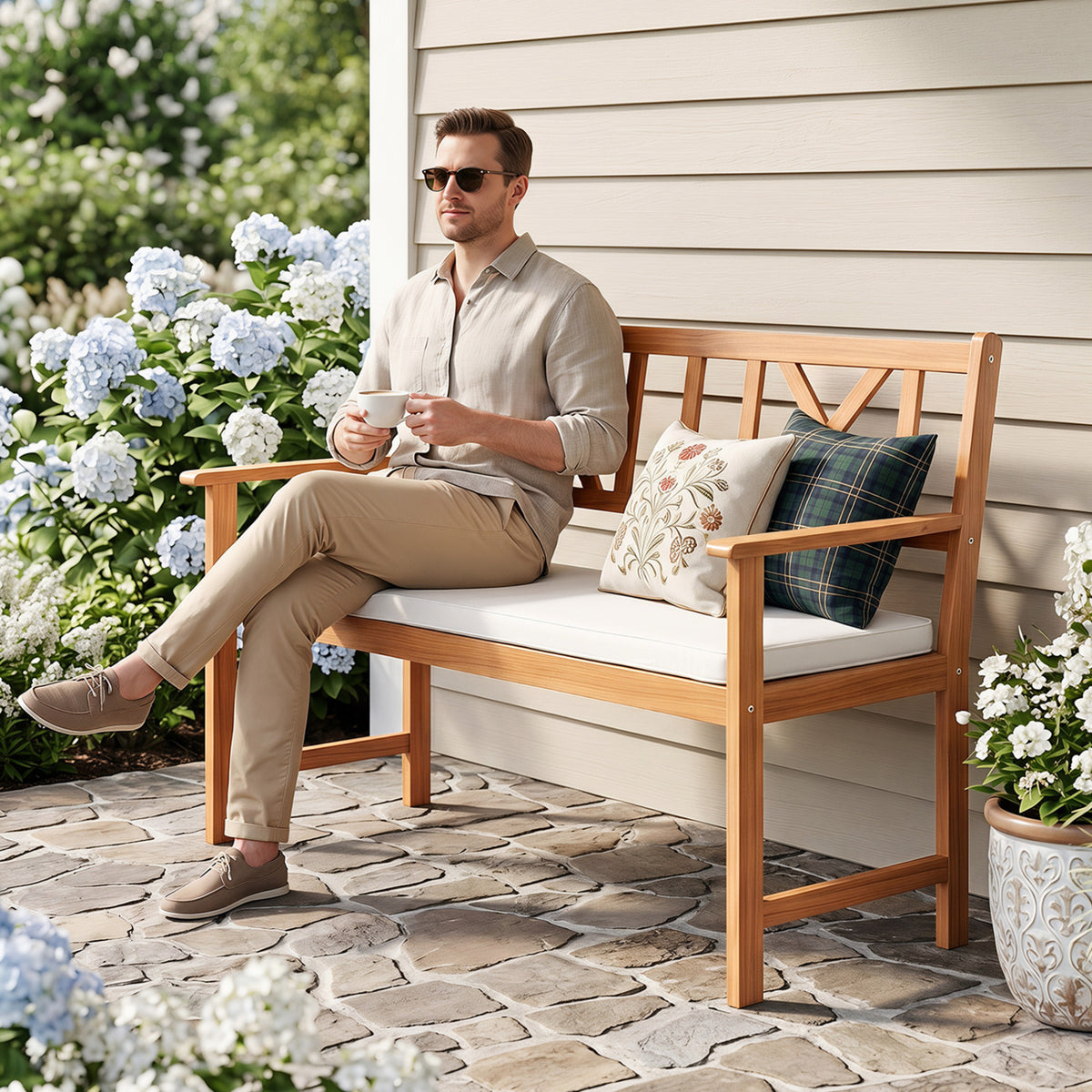2-Person Patio Acacia Wood Garden Chair with Removable Seat Cushion