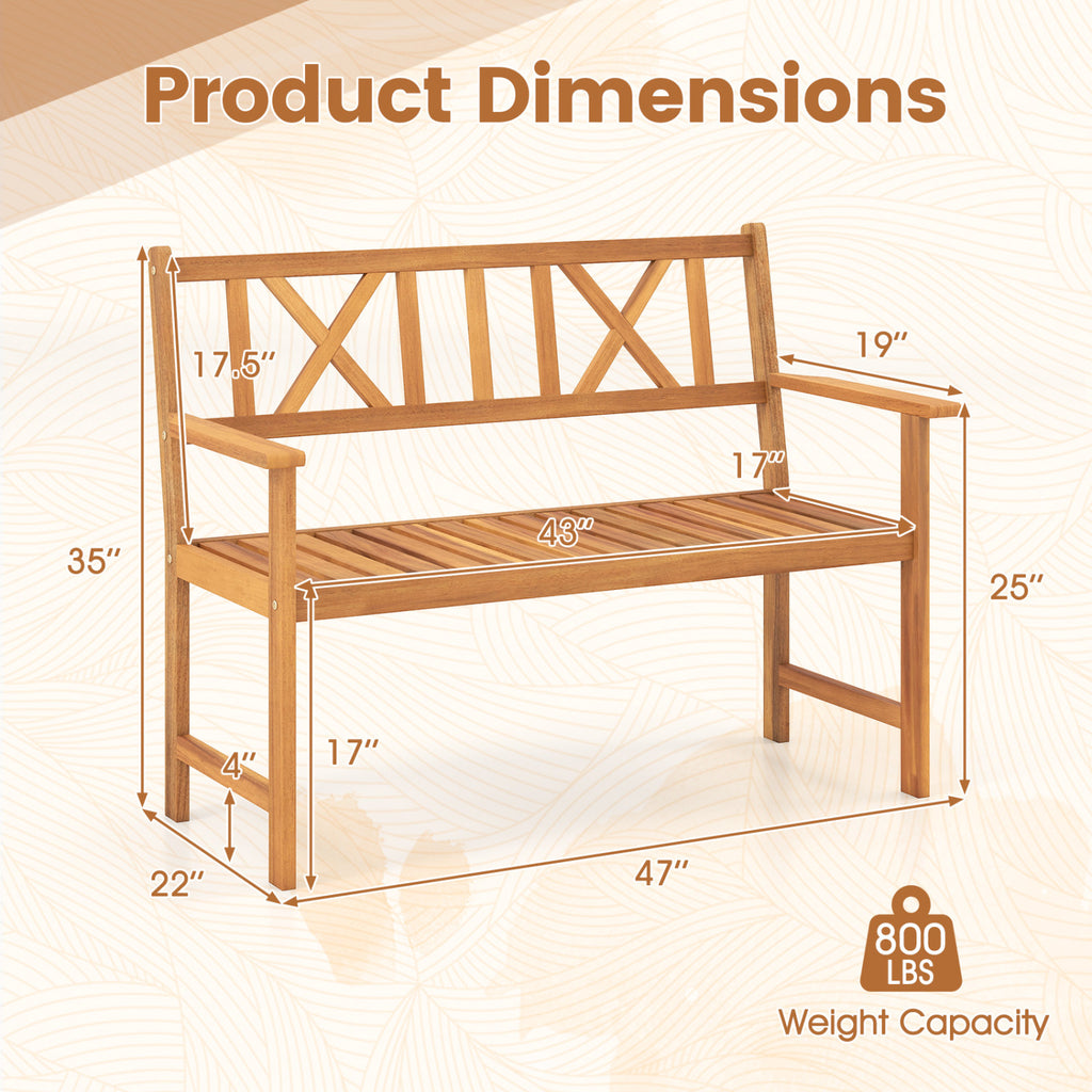2-Person Patio Acacia Wood Garden Chair with Armrests and X-Shaped