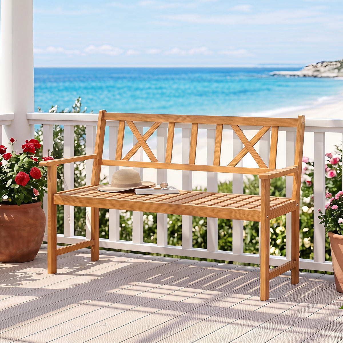 2-Person Patio Acacia Wood Garden Chair with Armrests and X-Shaped