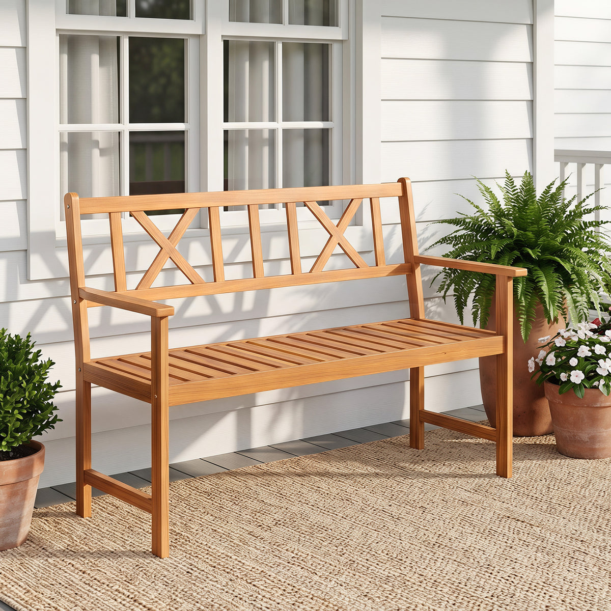 2-Person Patio Acacia Wood Garden Chair with Armrests and X-Shaped