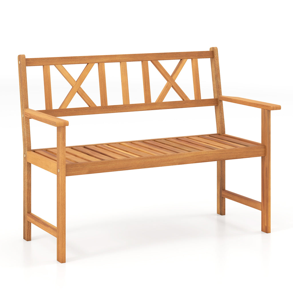 2-Person Patio Acacia Wood Garden Chair with Armrests and X-Shaped