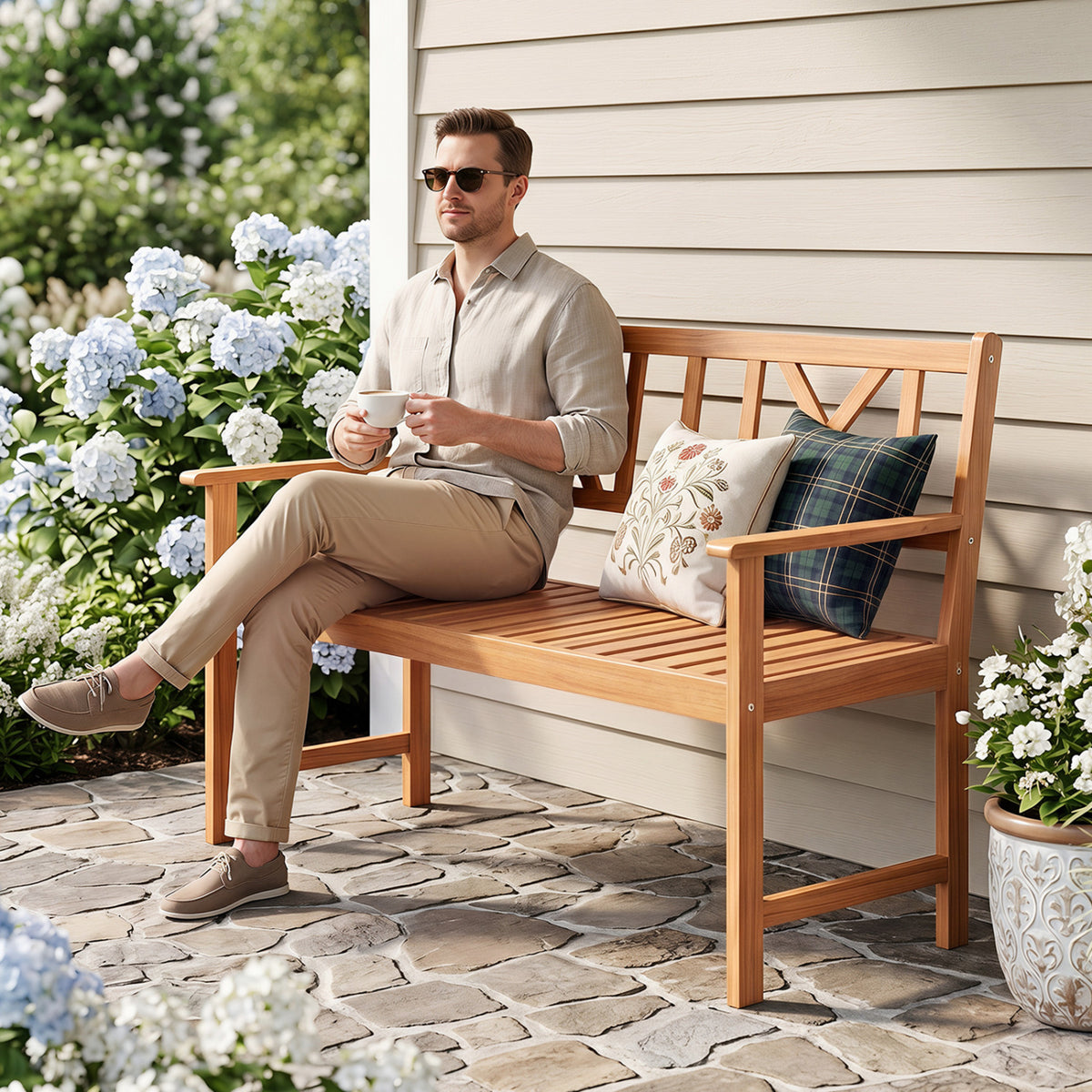 2-Person Patio Acacia Wood Garden Chair with Armrests and X-Shaped