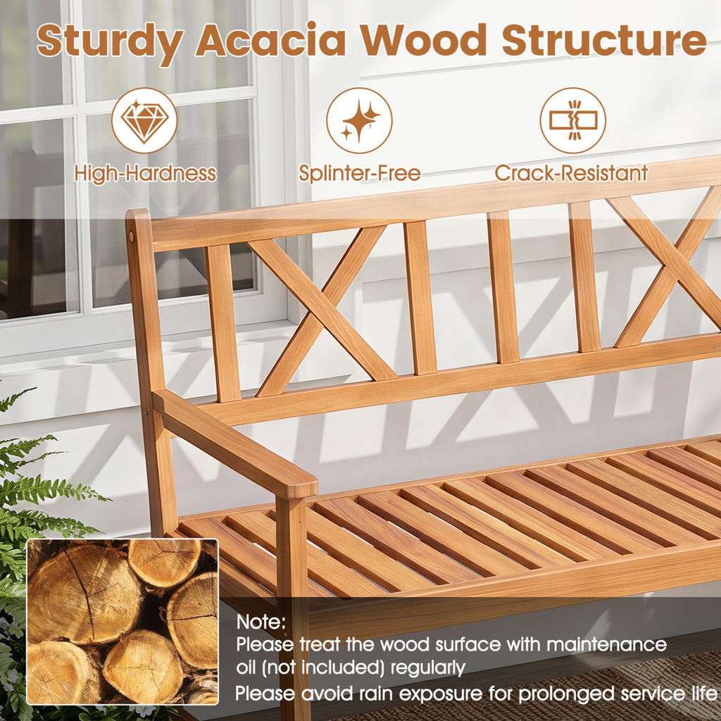 2-Person Patio Acacia Wood Garden Chair with Armrests and X-Shaped