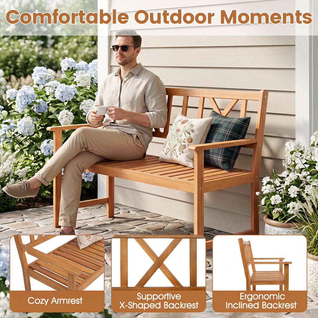 2-Person Patio Acacia Wood Garden Chair with Armrests and X-Shaped