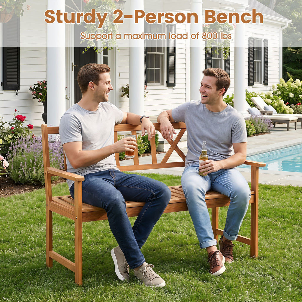 2-Person Patio Acacia Wood Garden Chair with Armrests and X-Shaped