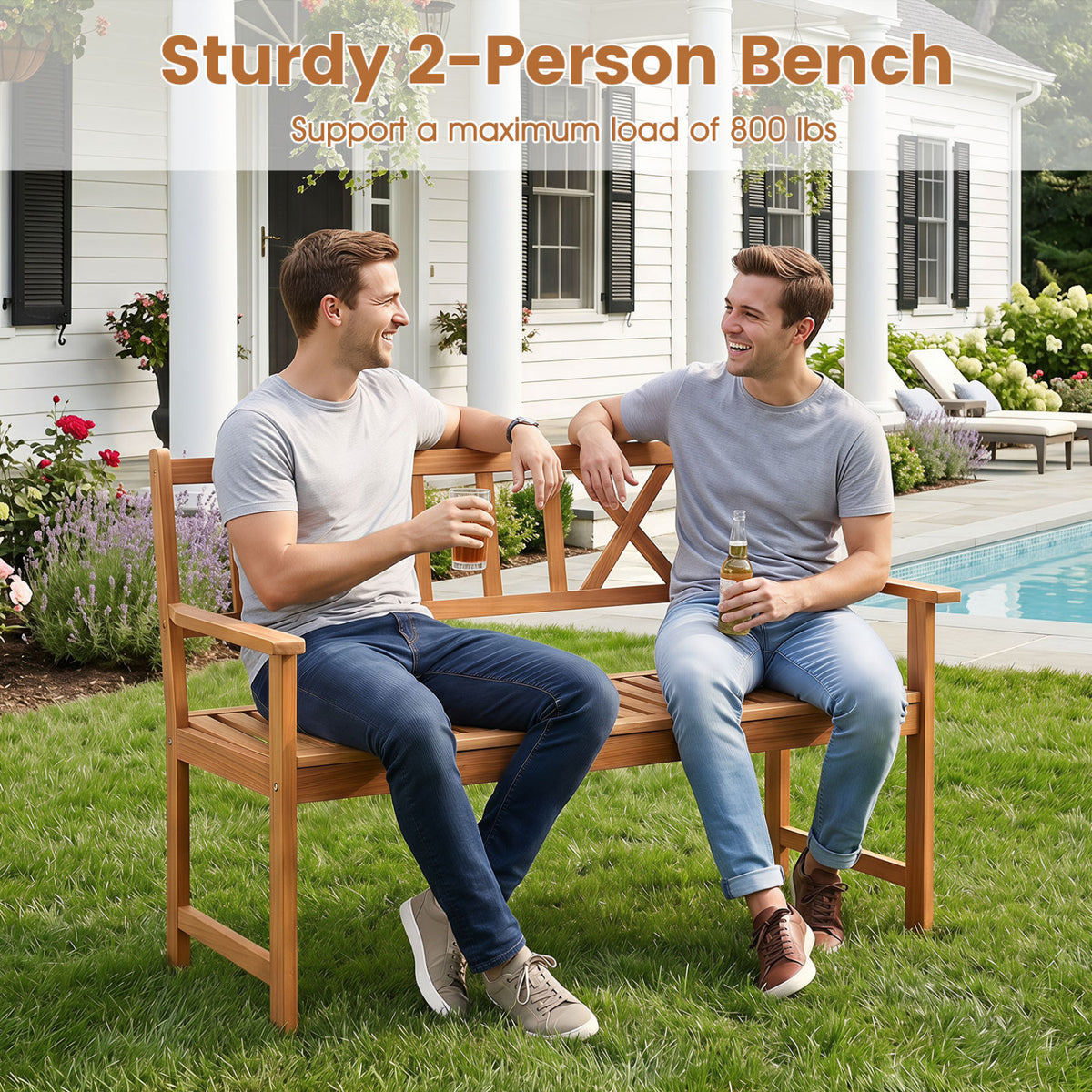 2-Person Patio Acacia Wood Garden Chair with Armrests and X-Shaped