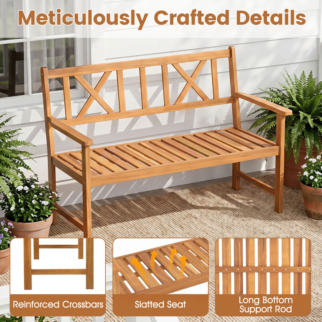 2-Person Patio Acacia Wood Garden Chair with Armrests and X-Shaped