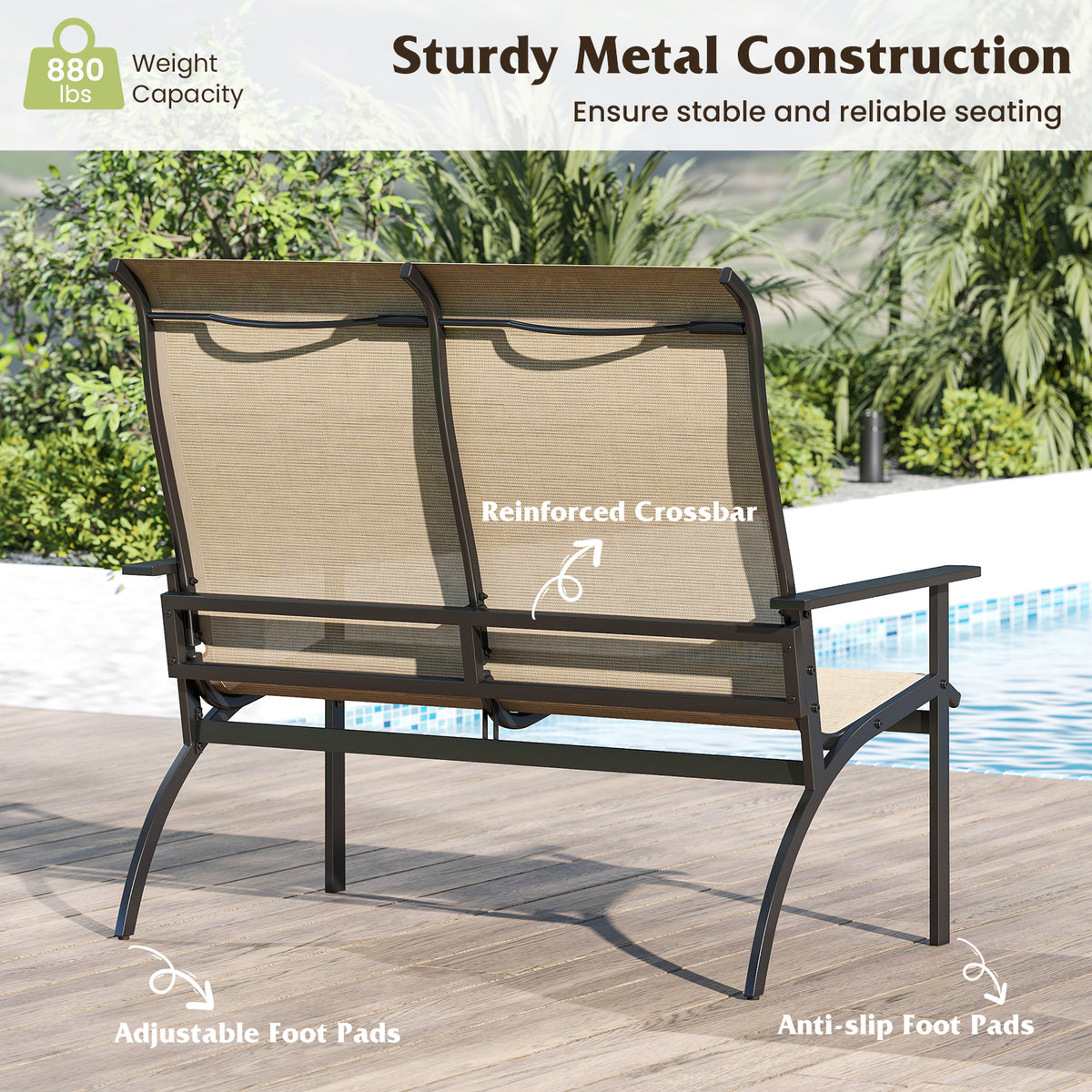 2-Person Patio Garden Bench with High Back and Armrests