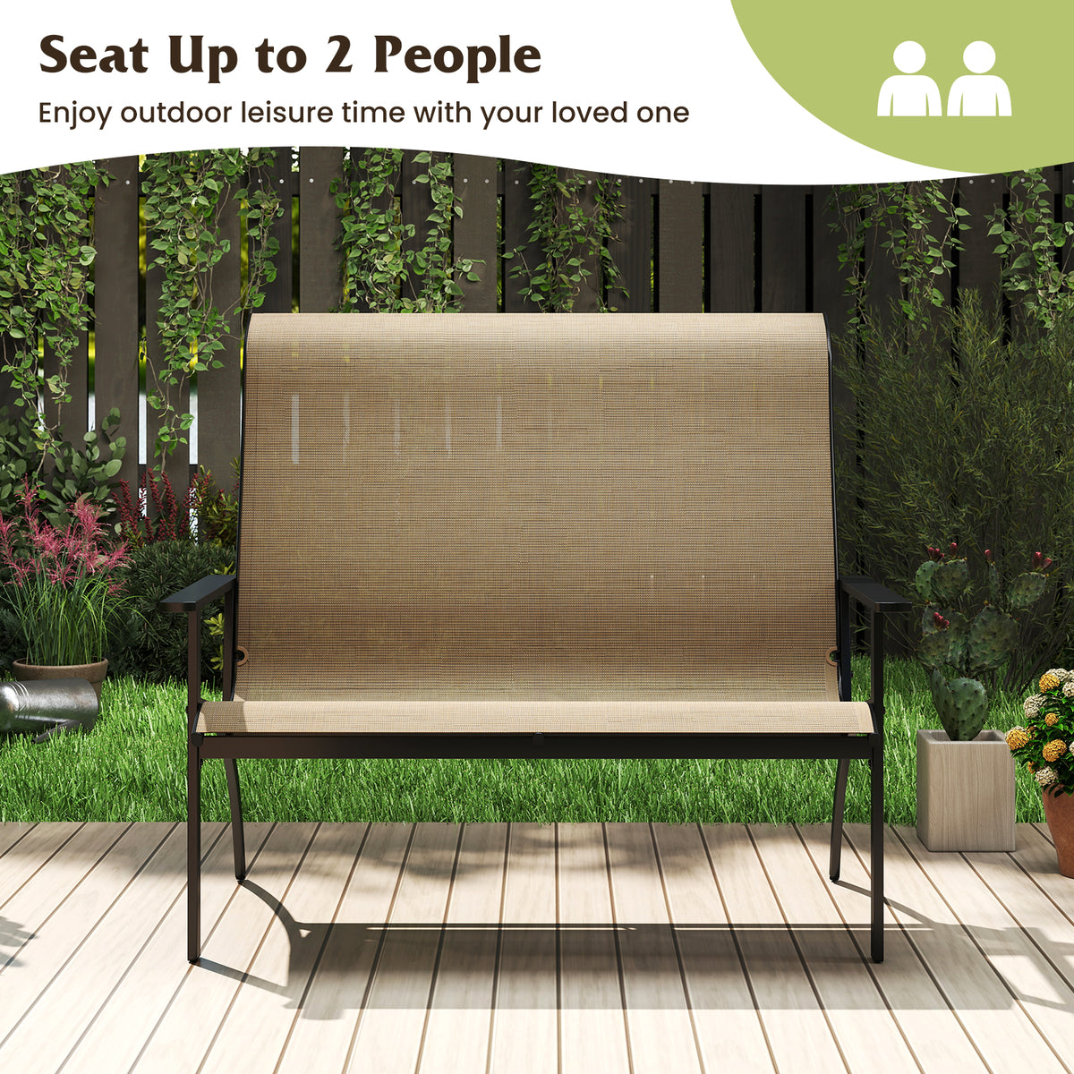 2-Person Patio Garden Bench with High Back and Armrests