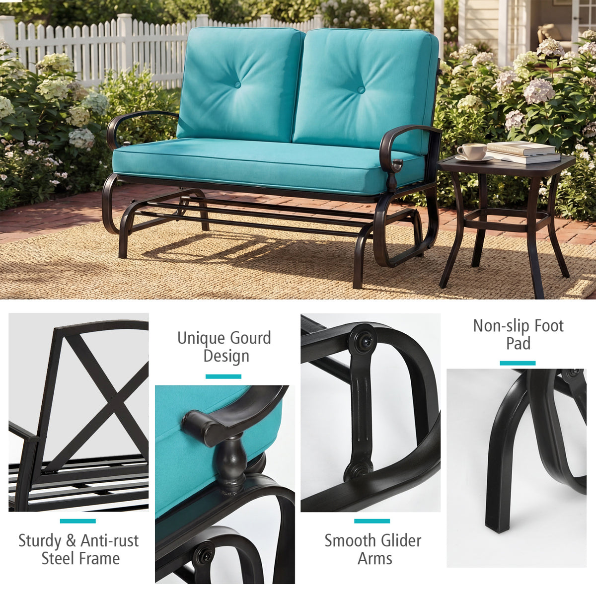 2-Seat Outdoor Glider Swing with Cushions - 44 Inch, Green