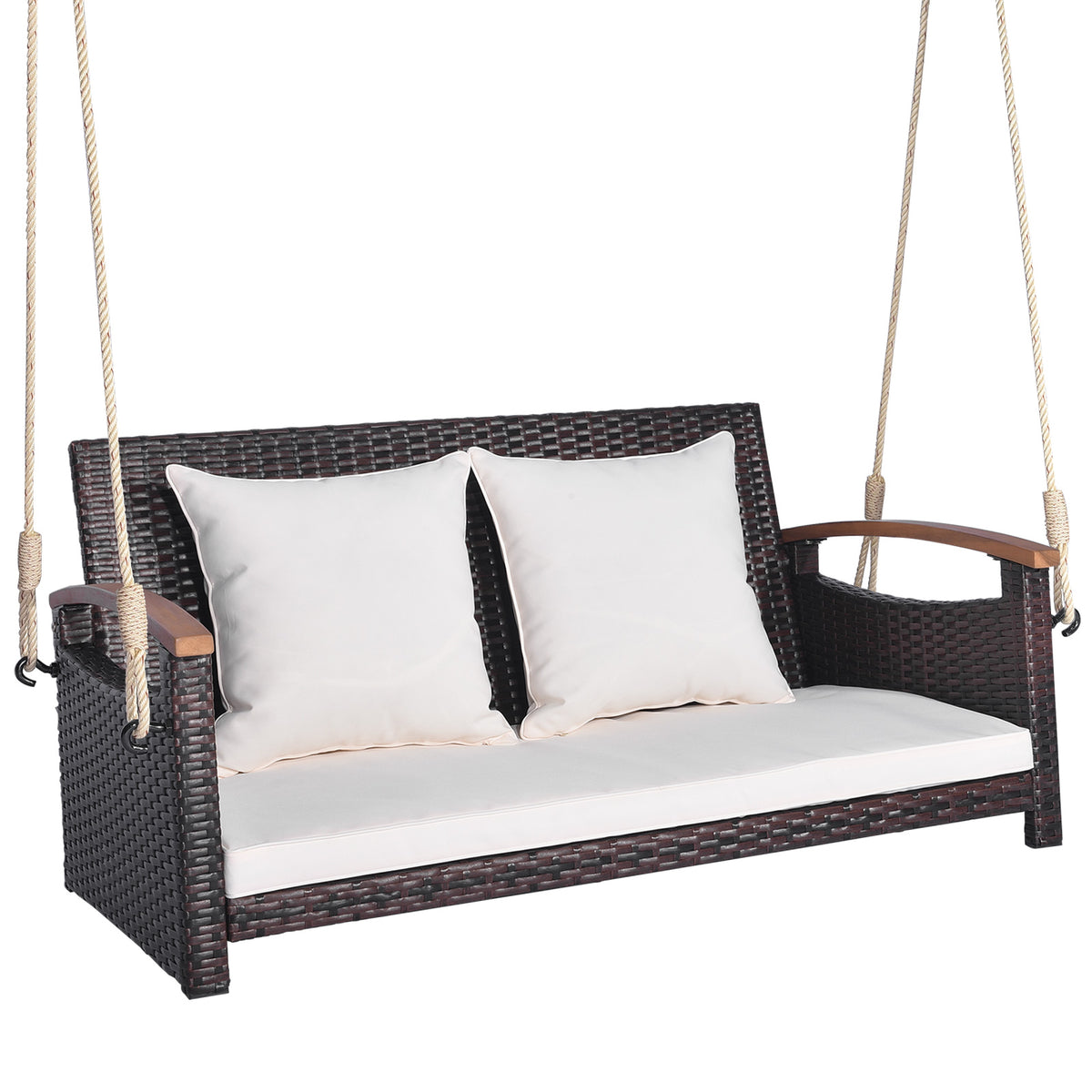 2-Person Hanging Porch Swing Wood Bench with Cushion Curved Back