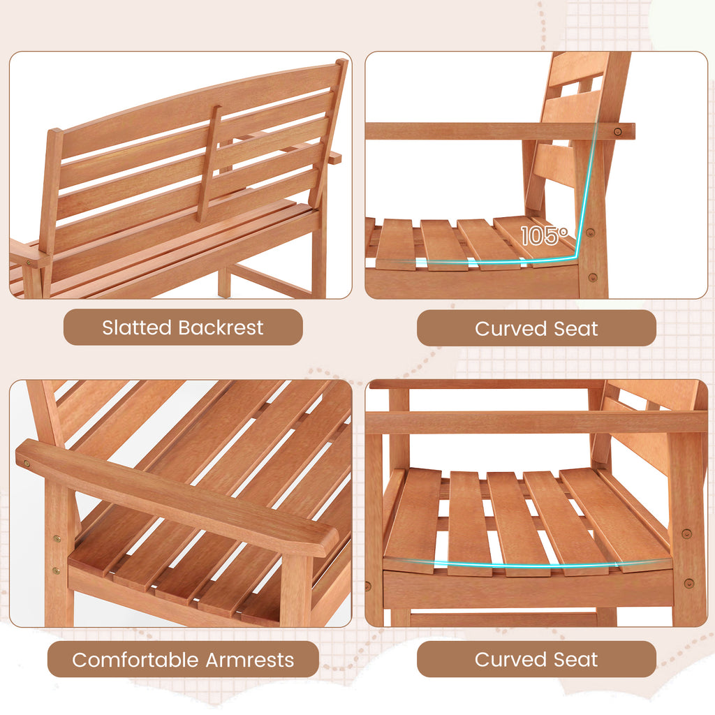 2-Person Wooden Garden Bench with Backrest & Armrests - 44 Inch