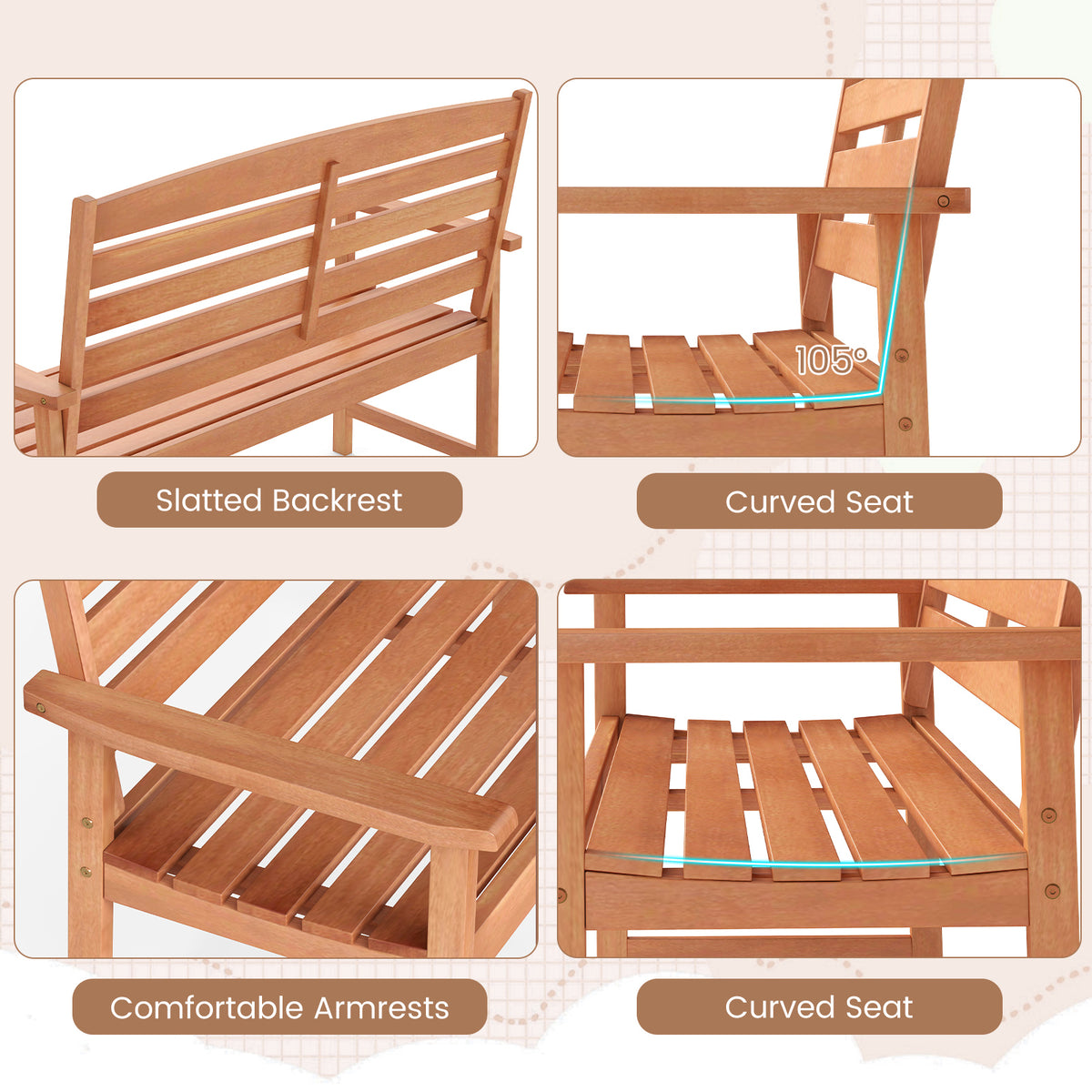 2-Person Wooden Garden Bench with Backrest & Armrests - 44 Inch