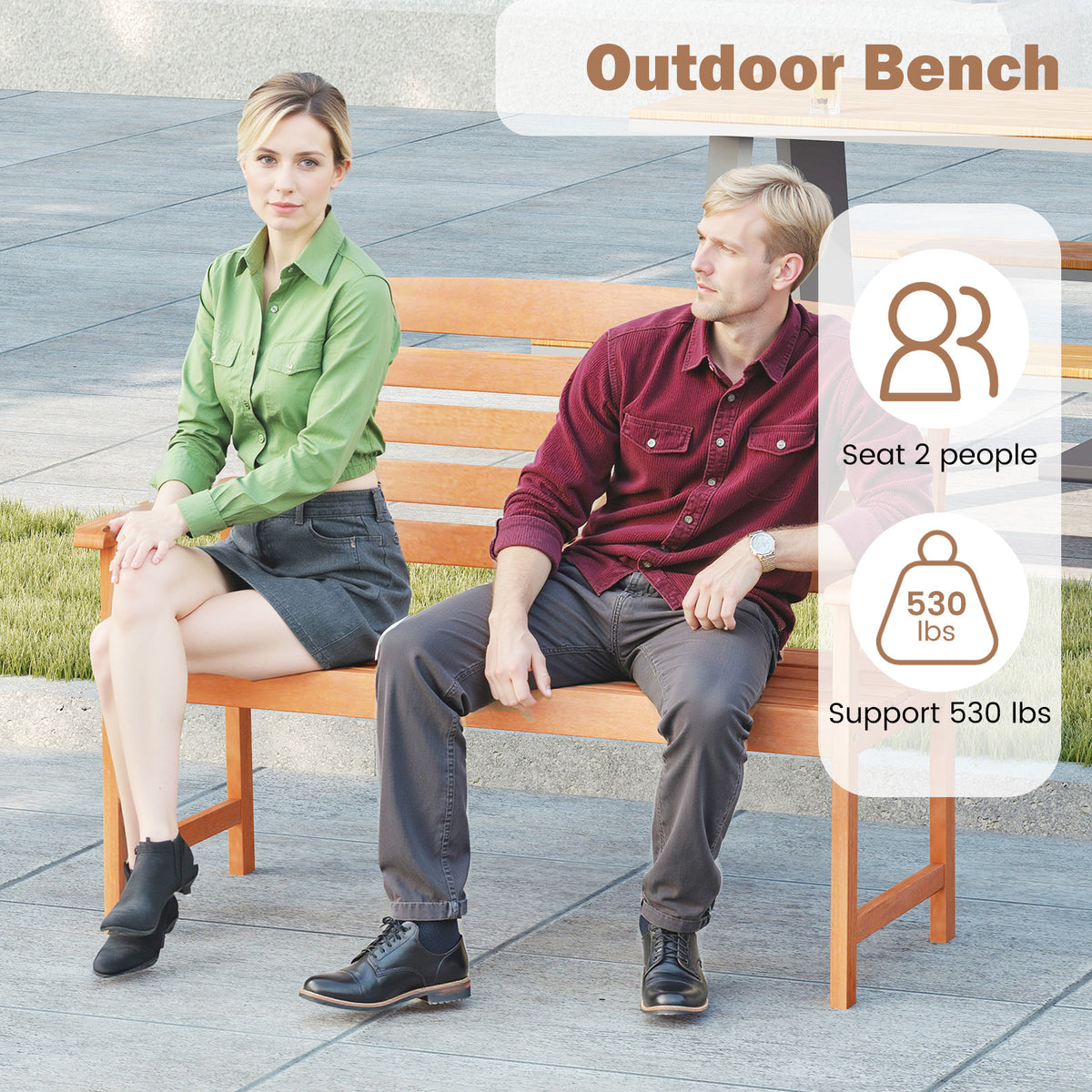 2-Person Wooden Garden Bench with Backrest & Armrests - 44 Inch