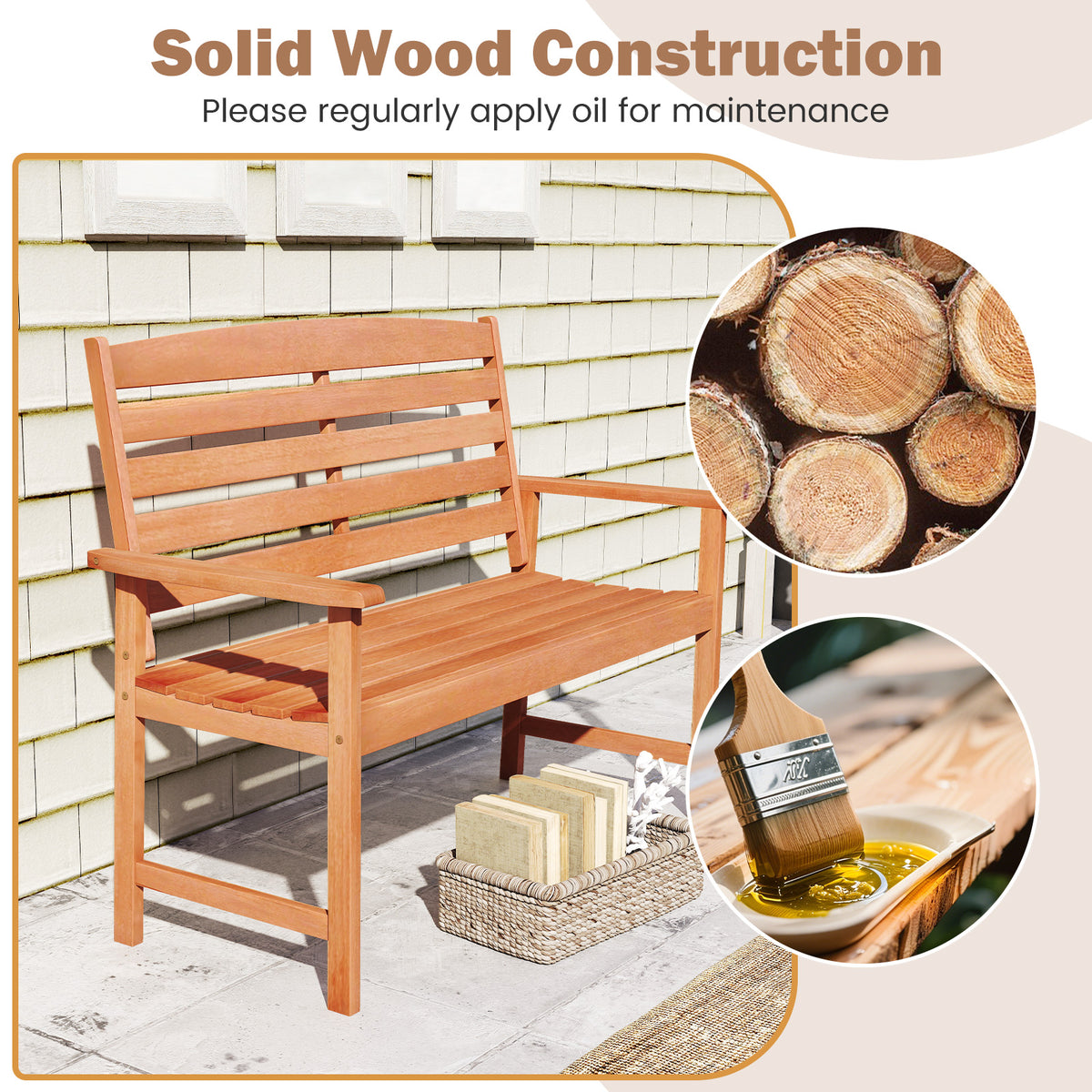2-Person Wooden Garden Bench with Backrest & Armrests - 44 Inch