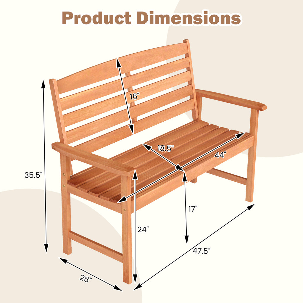 2-Person Wooden Garden Bench with Backrest & Armrests - 44 Inch