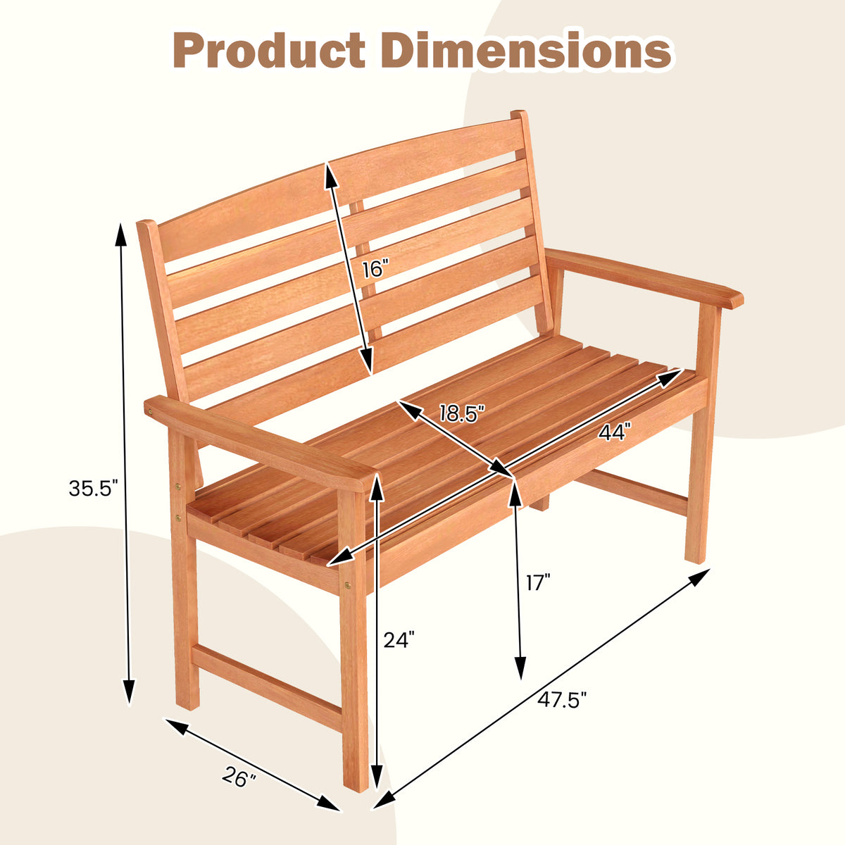 2-Person Wooden Garden Bench with Backrest & Armrests - 44 Inch