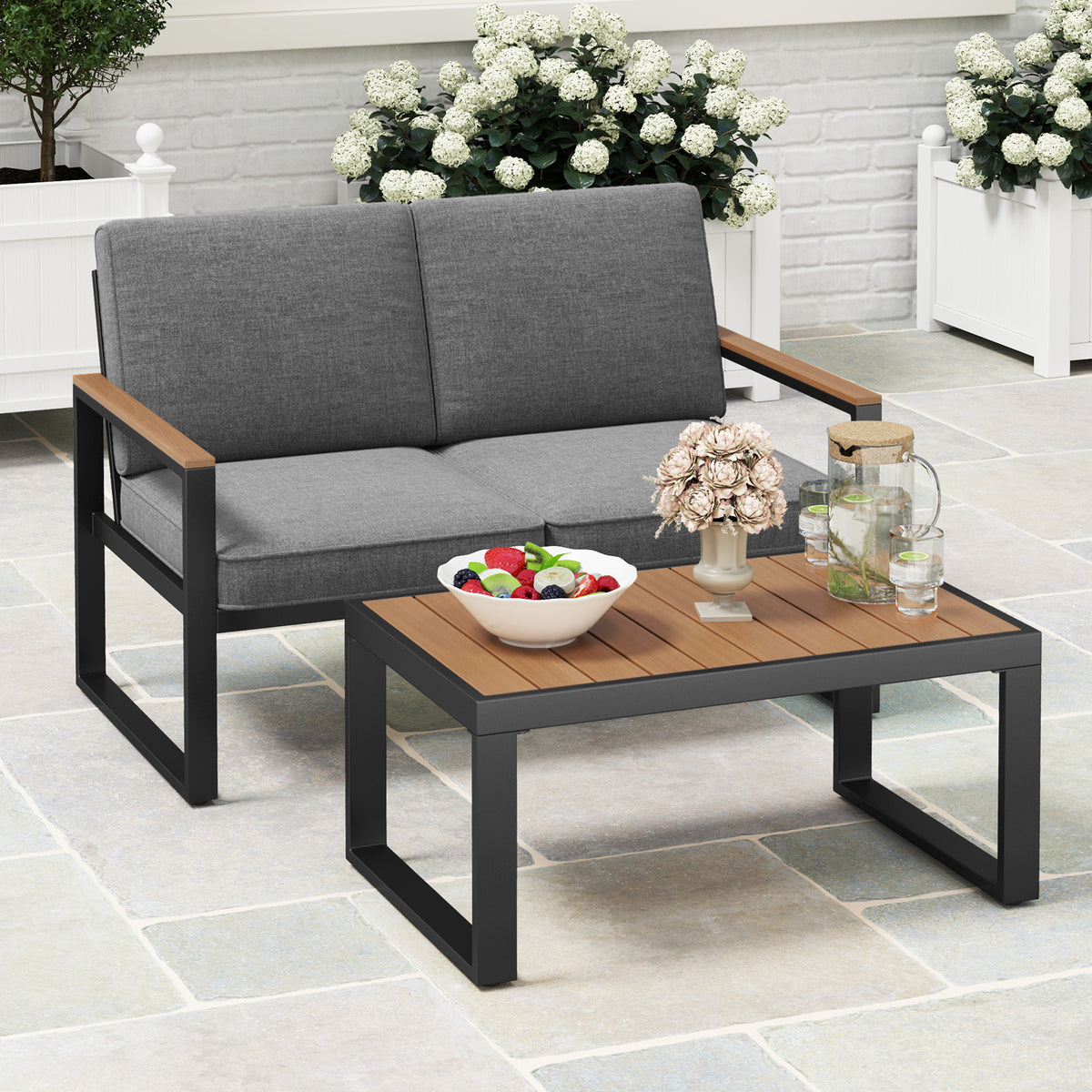 2 Piece Patio Aluminum Furniture Set with Wood-Plastic Armrests and