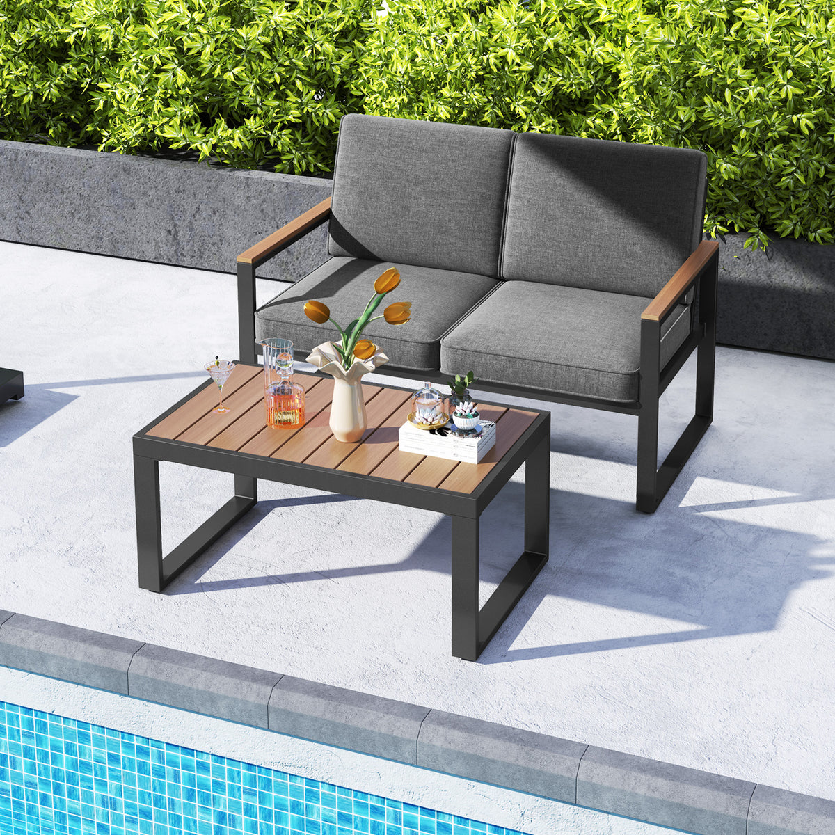 2 Piece Patio Aluminum Furniture Set with Wood-Plastic Armrests and