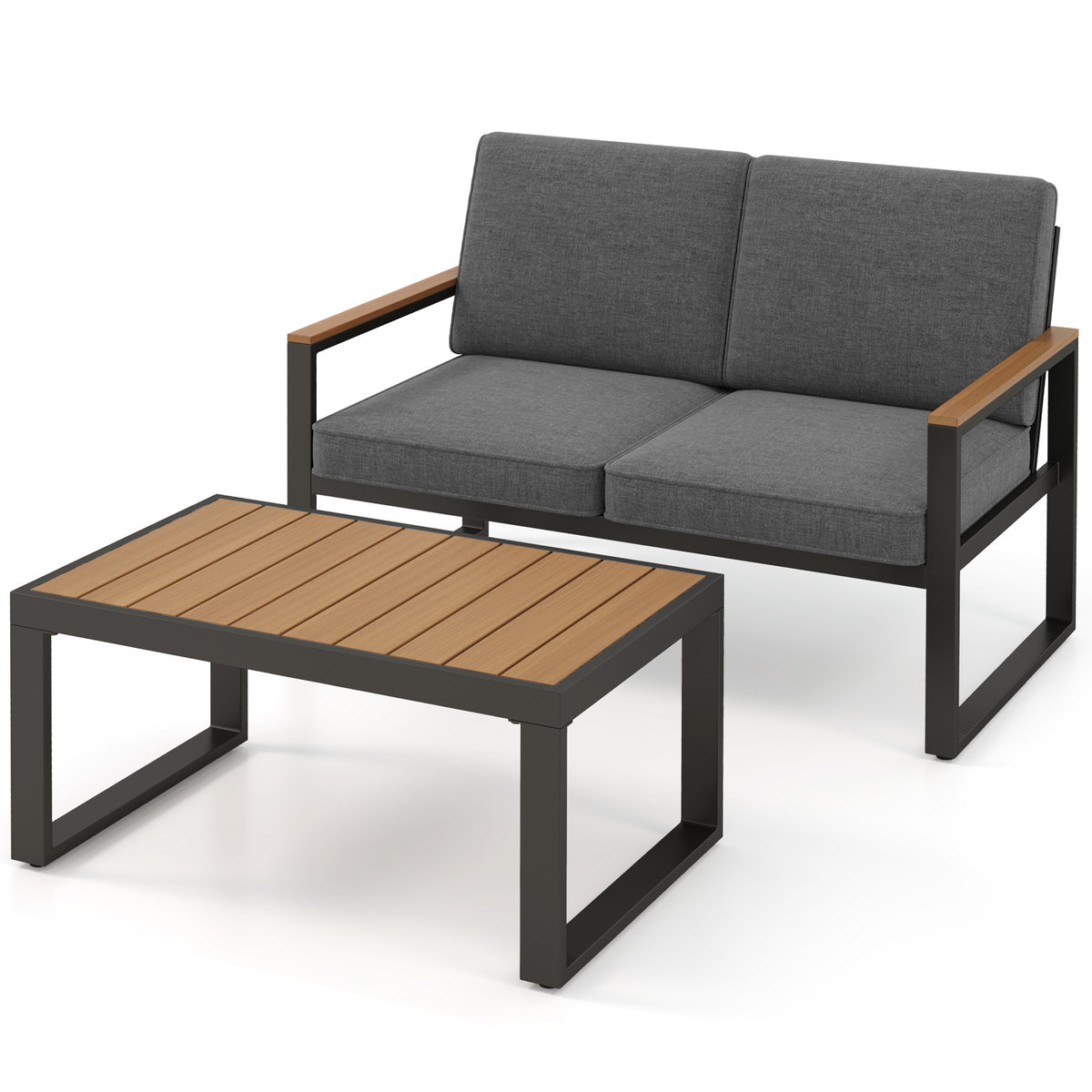 2 Piece Patio Aluminum Furniture Set with Wood-Plastic Armrests and