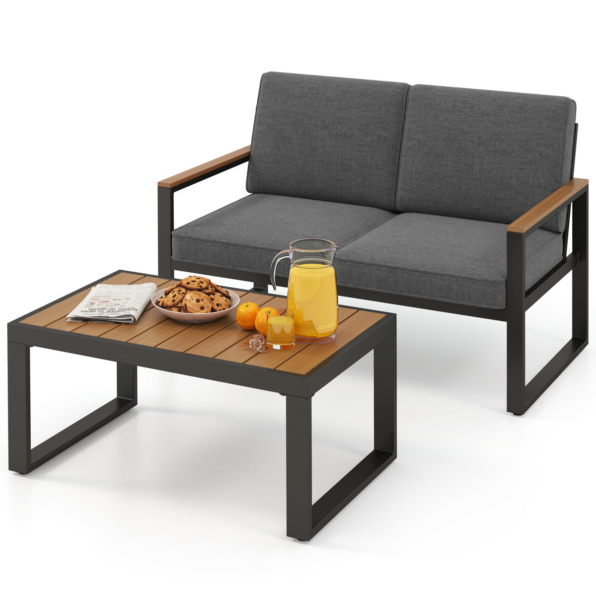 2 Piece Patio Aluminum Furniture Set with Wood-Plastic Armrests and