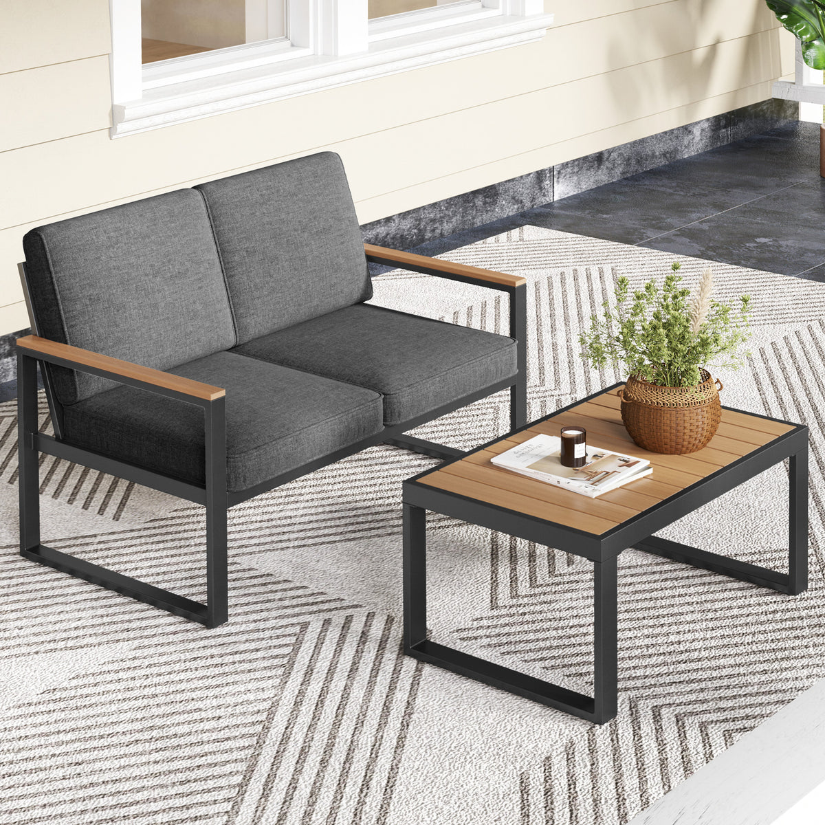 2 Piece Patio Aluminum Furniture Set with Wood-Plastic Armrests and