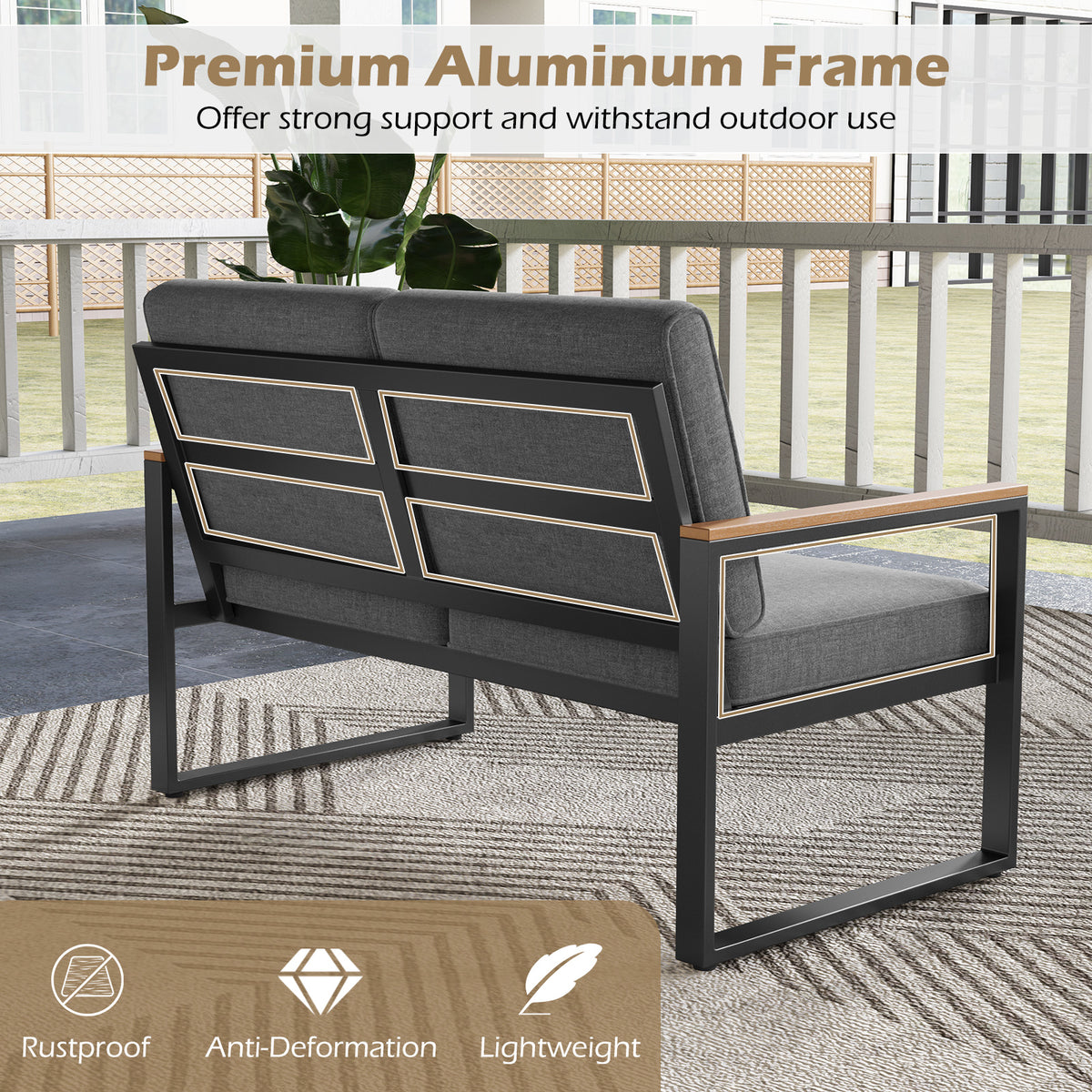 2 Piece Patio Aluminum Furniture Set with Wood-Plastic Armrests and
