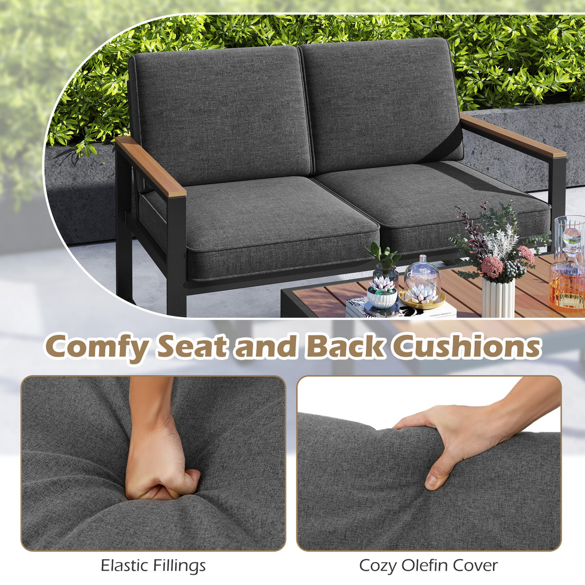 2 Piece Patio Aluminum Furniture Set with Wood-Plastic Armrests and