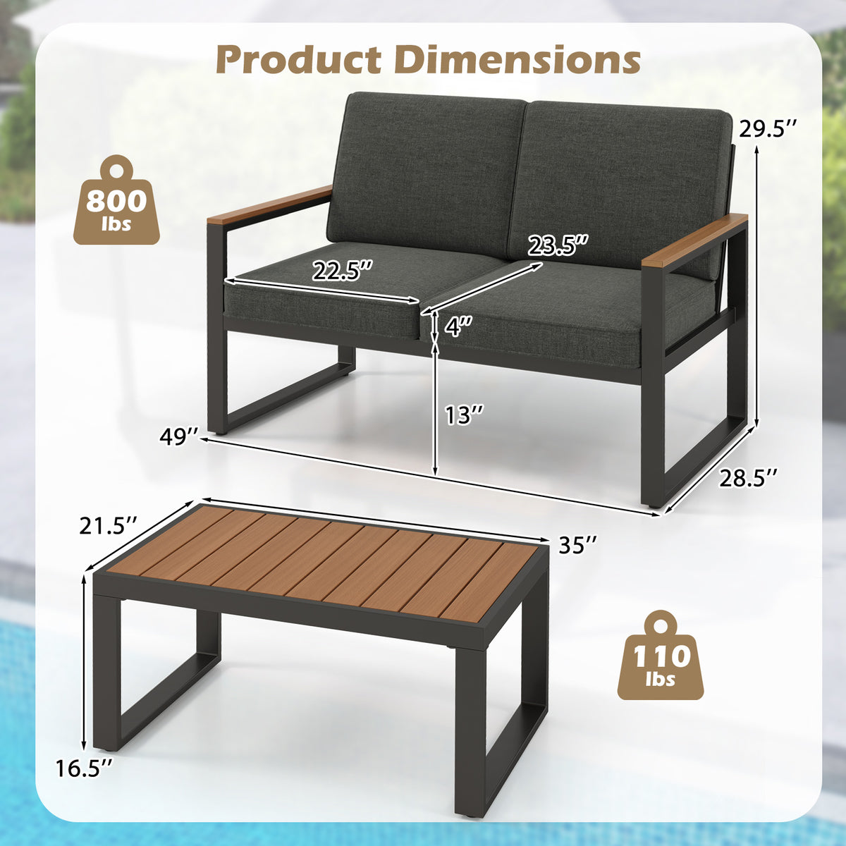 2 Piece Patio Aluminum Furniture Set with Wood-Plastic Armrests and