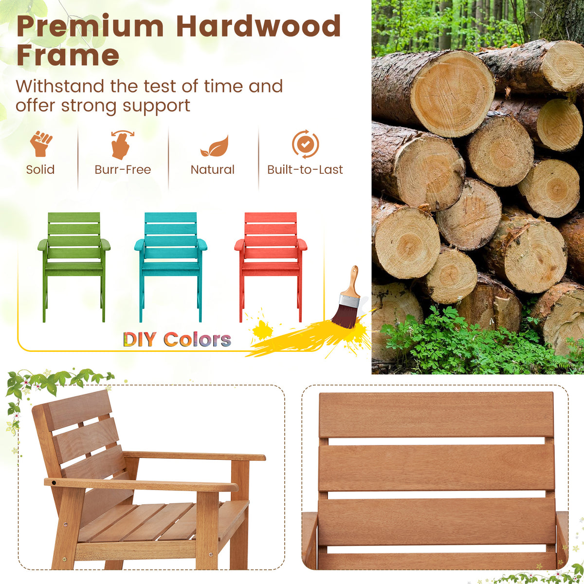 2 Piece Patio Hardwood Chair with Slatted Seat and Inclined Backrest