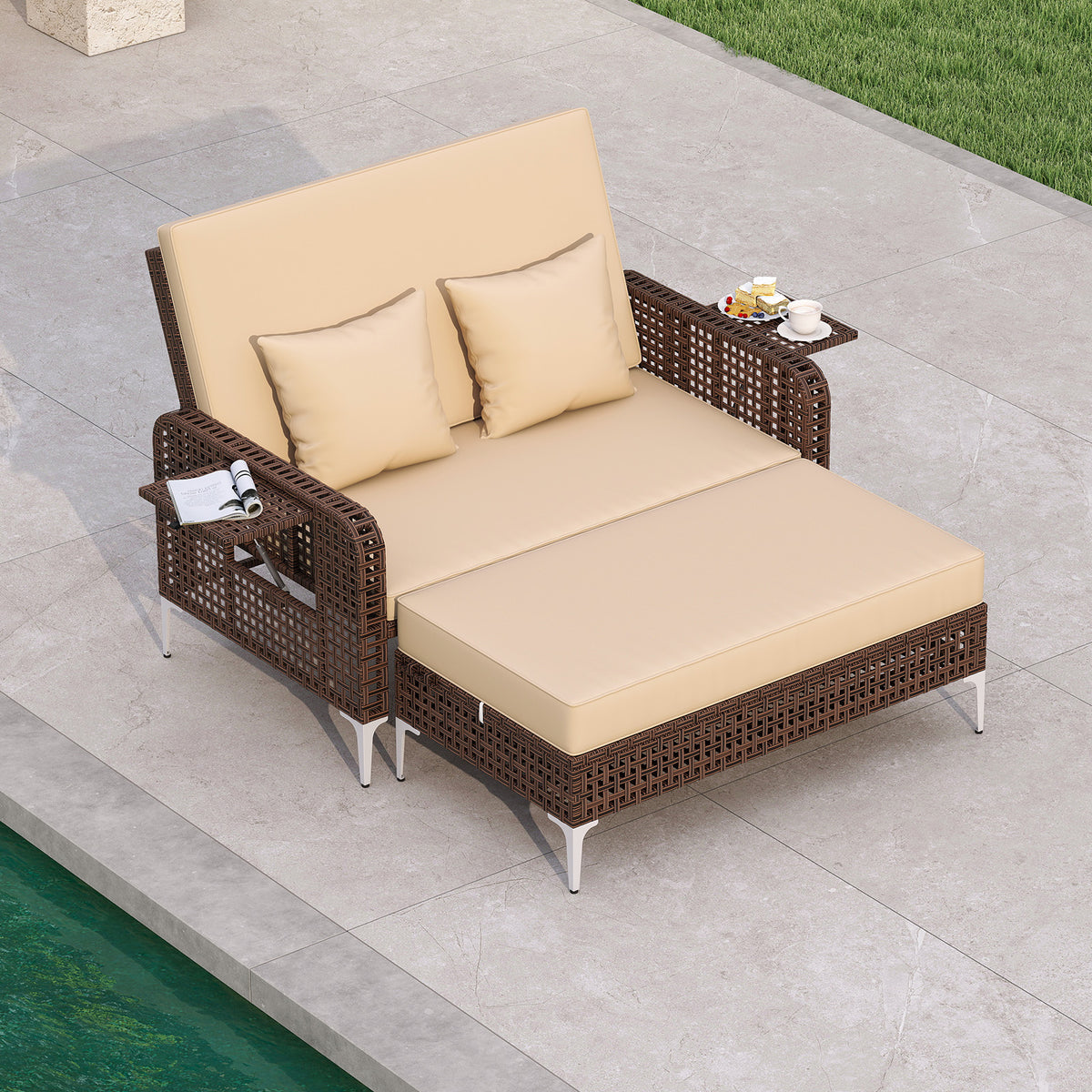 2 Piece Patio Rattan Daybed Wicker Loveseat and Ottoman with