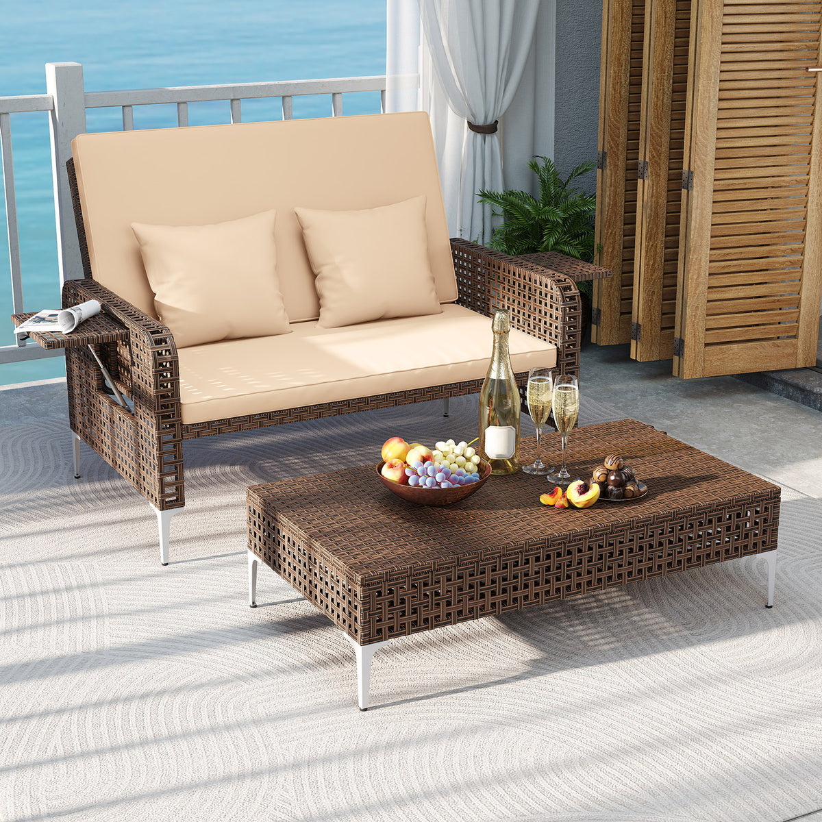 2 Piece Patio Rattan Daybed Wicker Loveseat and Ottoman with