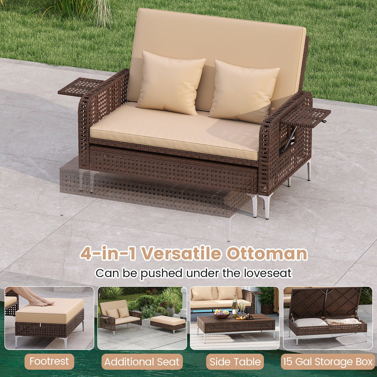 2 Piece Patio Rattan Daybed Wicker Loveseat and Ottoman with