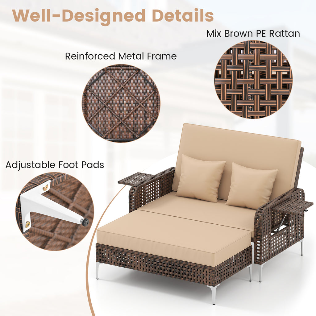 2 Piece Patio Rattan Daybed Wicker Loveseat and Ottoman with
