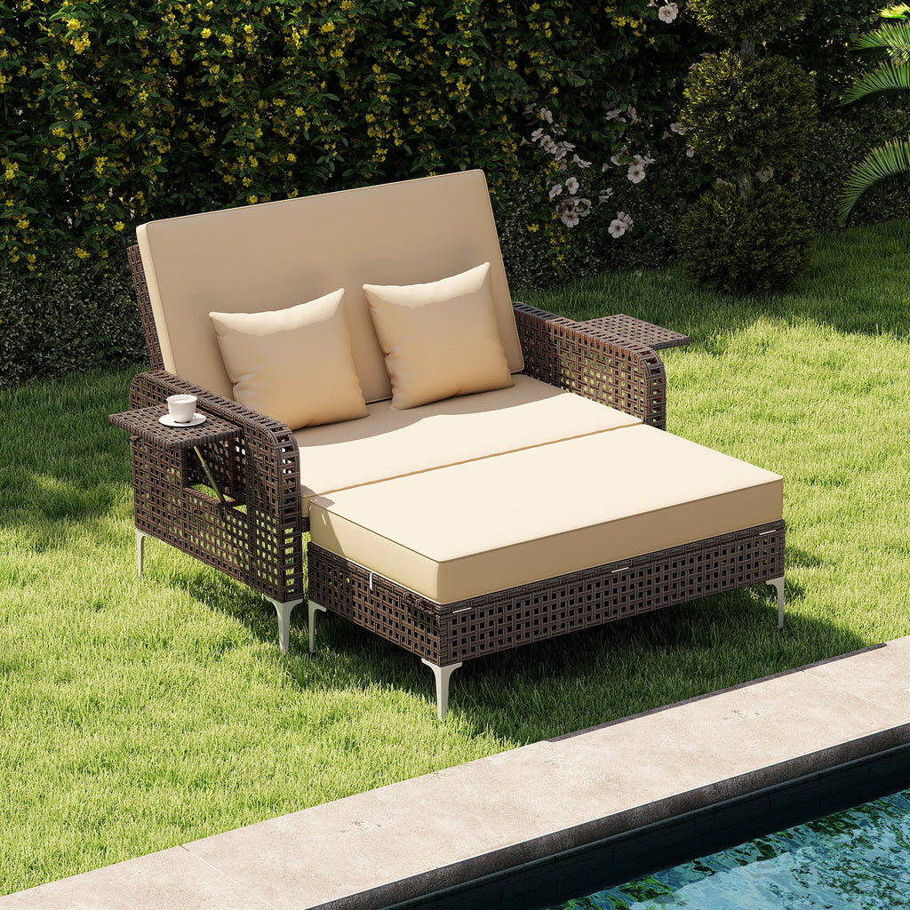 2 Piece Patio Rattan Daybed Wicker Loveseat and Ottoman with