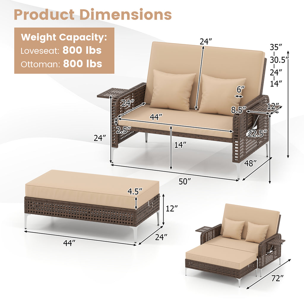 2 Piece Patio Rattan Daybed Wicker Loveseat and Ottoman with