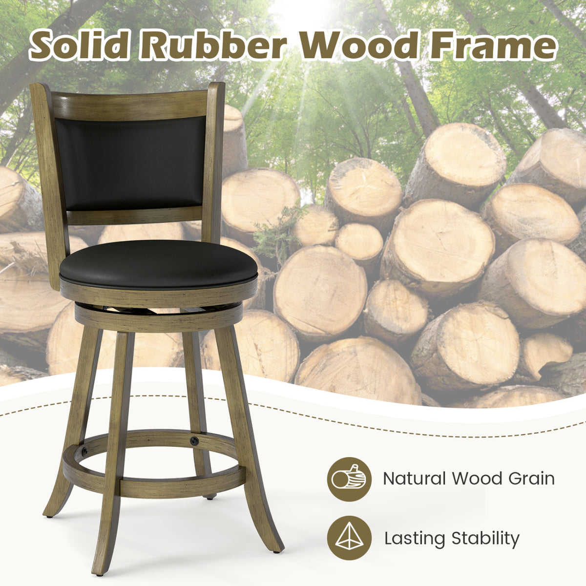24 Inch Swivel Counter Stool, Upholstered - Gray, Set of 2