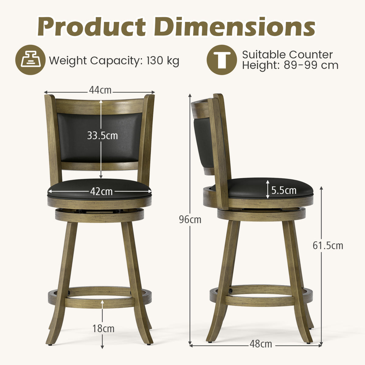 24 Inch Swivel Counter Stool, Upholstered - Gray, Set of 2